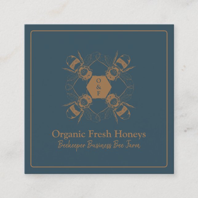 Beekeeper Bees Navy Honeycomb Farm Apiary Square Business Card (Front)