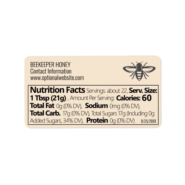 Beekeeper Info 2023 Photo Honey Nutrition Facts Label (Front)