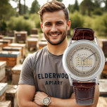 Beekeeper’s Custom Watch with 3 Beehives on Kraft<br><div class="desc">Three modern hives on an ivory background with a kraft perimeter. Little honeybees in flight above the hives. Makes a classy,  wonderful gift for beekeepers and apiarists. Nice wristwatch to wear at the Farmer’s Market and at local fairs.</div>