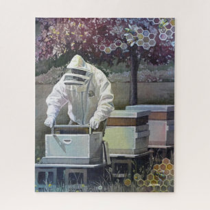 Beekeeper Tending Honey Bee Boxes Watercolor Art Jigsaw Puzzle