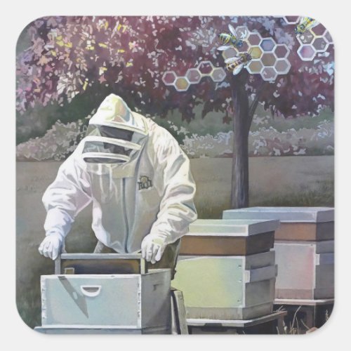 Beekeeper Tending Honey Bee Boxes Watercolor Art Square Sticker