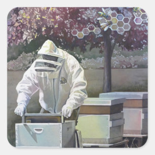 Beekeeper Tending Honey Bee Boxes Watercolor Art Square Sticker