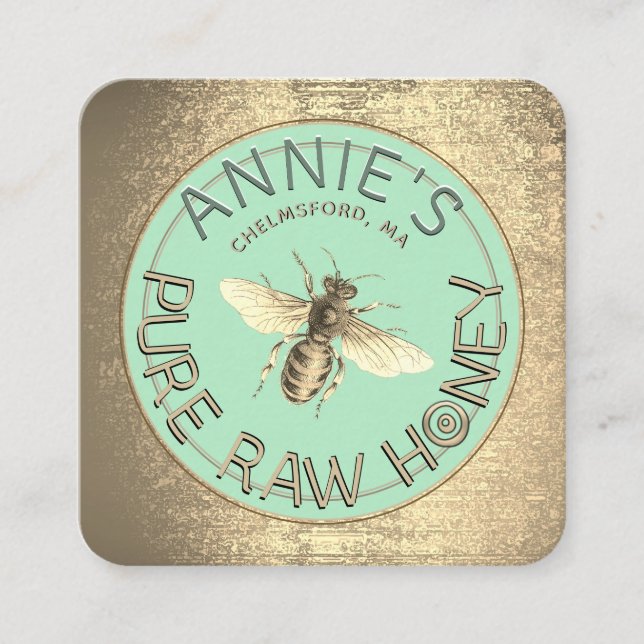 Beekeepers Modern Queen Bee Teal & Gold Raw Honey  Square Business Card (Front)