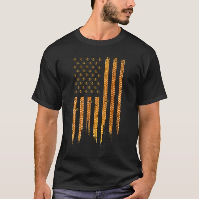 Beekeeping American Flag Honeycomb Honey Bees Beek T-Shirt (Front)