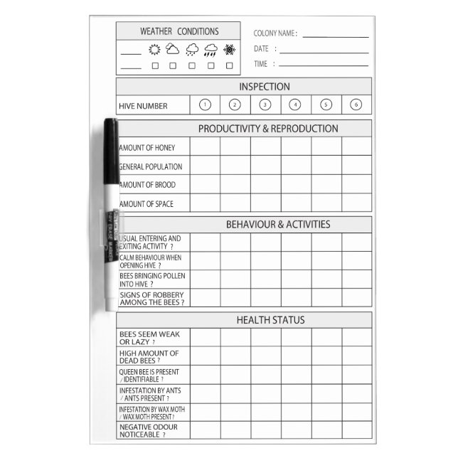 beekeeping log - Honey Bee Farming Tracker Dry Erase Board (Front)
