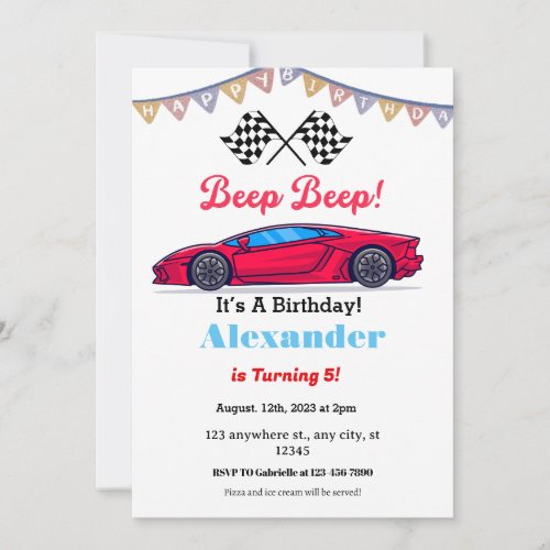 Beep Beep Red Race Car Birthday Invitation