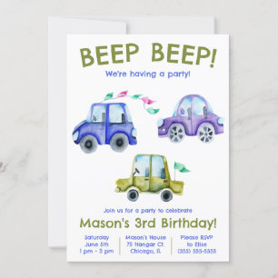 Beep Beep! Watercolor Car, Vehicle Birthday Invitation