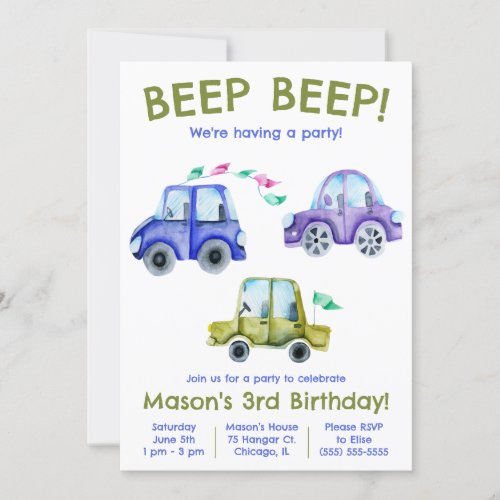 Beep Beep Watercolor Car Vehicle Birthday Invitation