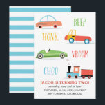 Beep Honk Chooo Kid's birthday party Invitation<br><div class="desc">A kid's birthday party invitation featuring race car,  train.</div>