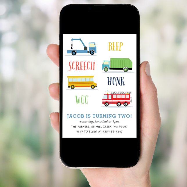 Beep Screech Woo Kid's birthday Party_Blue Invitation (Front Digital)