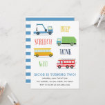 Beep Screech Woo Kid's birthday Party_Blue Invitation<br><div class="desc">A kid's birthday party invitation featuring tow truck,  fire truck,  garbage truck and a school bus.</div>