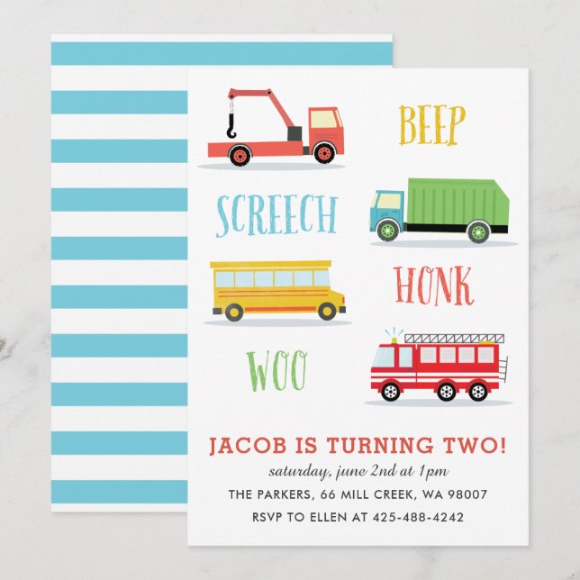 Beep Screech Woo Kid's birthday party Invitation (Front/Back)