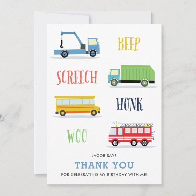 Beep Screech Woo Kid's birthday thank you card (Front)