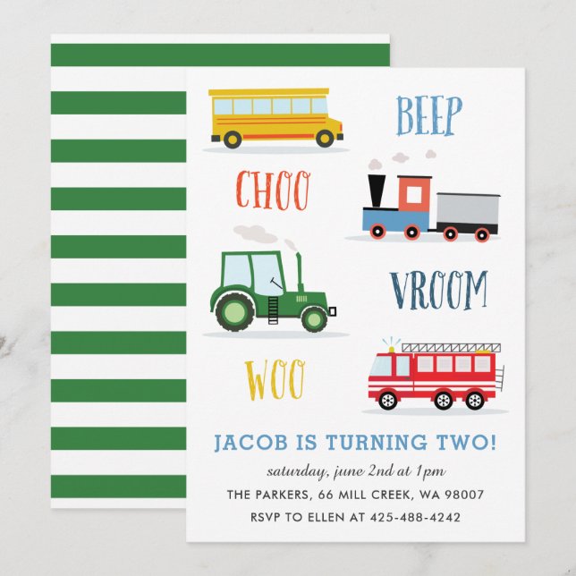 Beep Vroom Woo Tractor Kid's birthday party  Invitation (Front/Back)