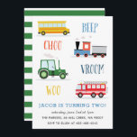 Beep Vroom Woo Tractor Kid's birthday party  Invitation<br><div class="desc">A kid's birthday party invitation featuring Train,  fire truck,  tractor and a school bus.</div>