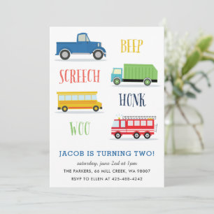 Beep Vroom Woo Truck Kid's birthday party  Invitation