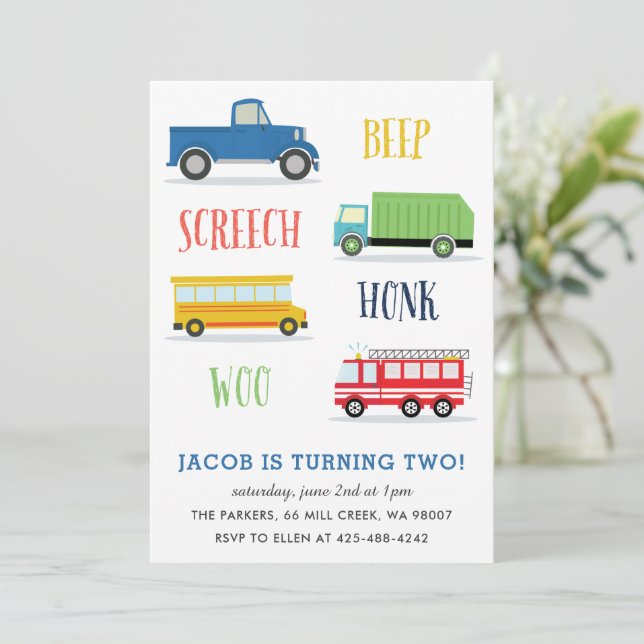 Beep Vroom Woo Truck Kid's birthday party  Invitation (Standing Front)