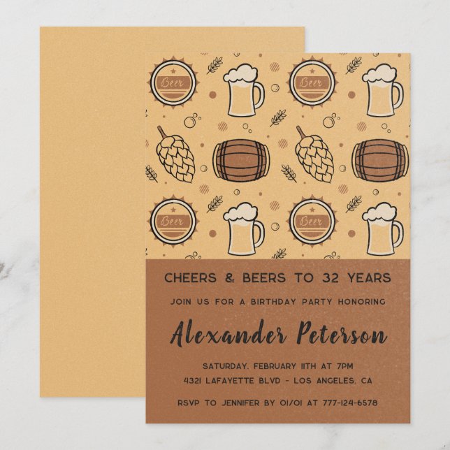  Beer 32nd birthday invitations Rustic Men  (Front/Back)