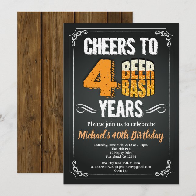 Beer 40th birthday chalkboard man bar celebration invitation (Front/Back)