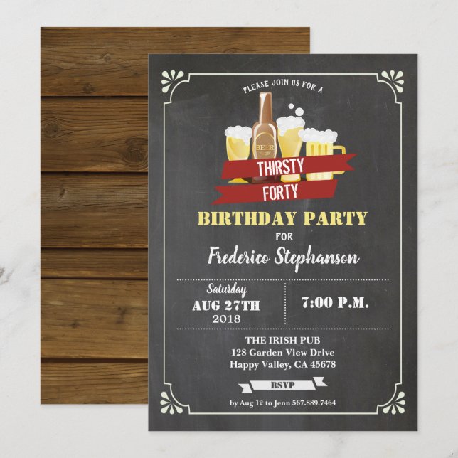 Beer 40th birthday party retro bar chalkboard invitation (Front/Back)