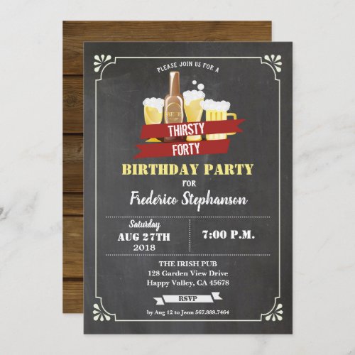 Beer 40th birthday party retro bar chalkboard invitation