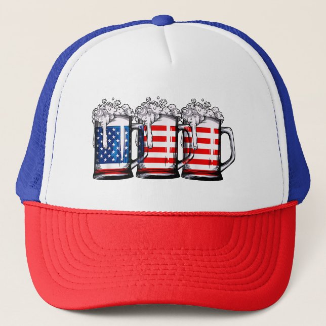 Beer American Flag 4th of July Men Women Merica Dr Trucker Hat (Front)