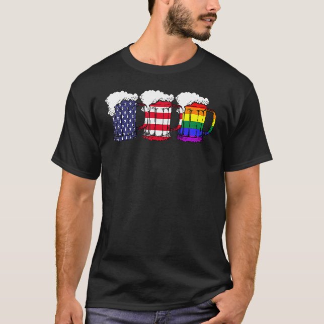 Beer American Flag Drinking Gay Pride Lesbian LGBT T-Shirt (Front)