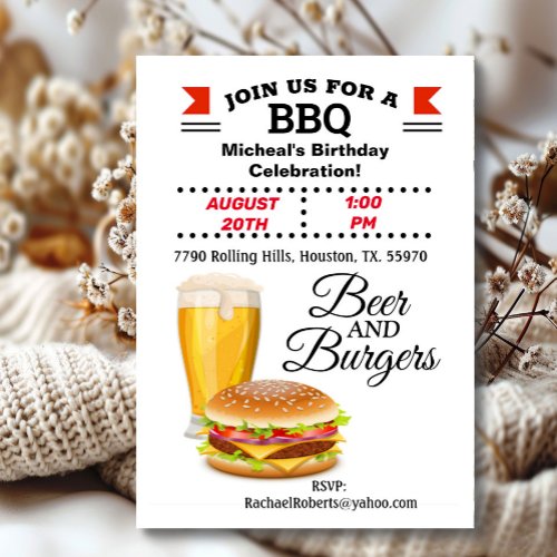 Beer And Burgers BBQ Birthday  Invitation