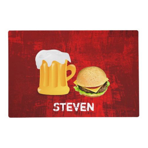 Beer and Cheeseburger on Red Grunge Background Placemat