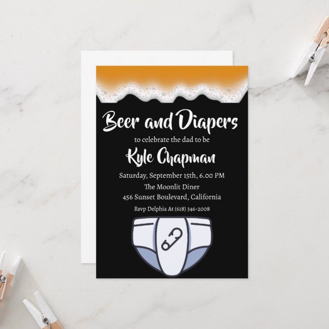 beer and diapers men's diaper party invitations (Front/Back In Situ)