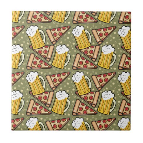 Beer and Pizza Graphic Ceramic Tile