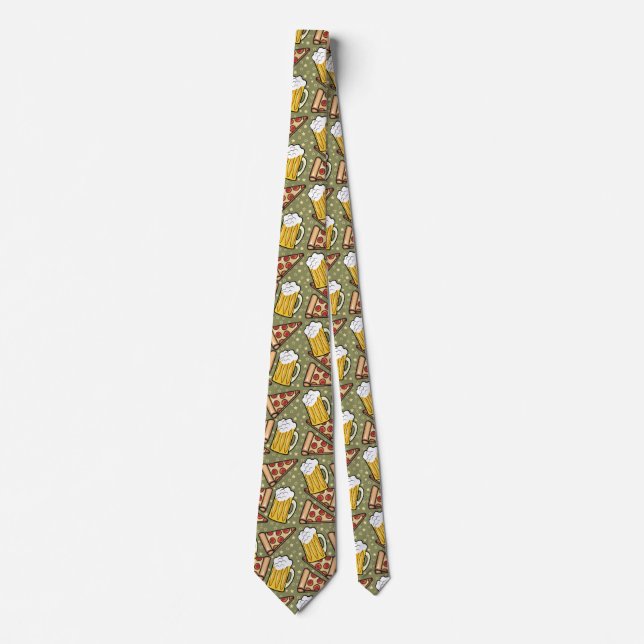 Beer and Pizza Graphic Pattern Tie (Front)