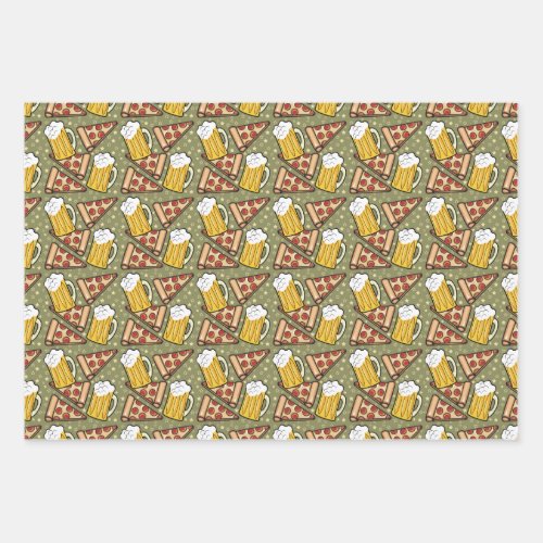 Beer and Pizza Graphic Pattern Wrapping Paper Sheets