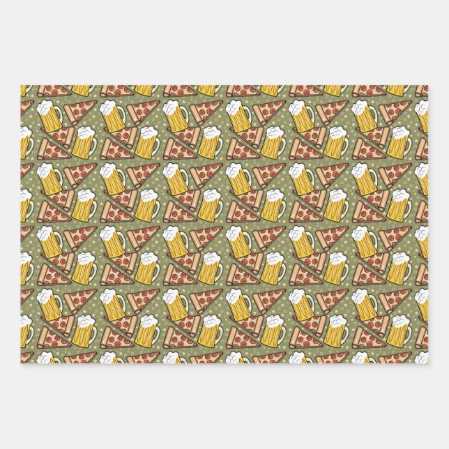 Beer and Pizza Graphic Pattern Wrapping Paper Sheets (Front)