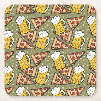 Beer and Pizza Graphic Square Paper Coaster