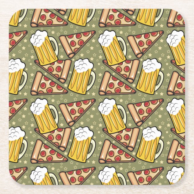Beer and Pizza Graphic Square Paper Coaster (Front)