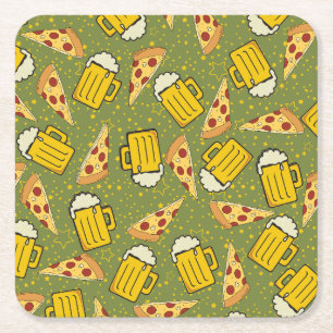 Beer and Pizza Pattern Square Paper Coaster