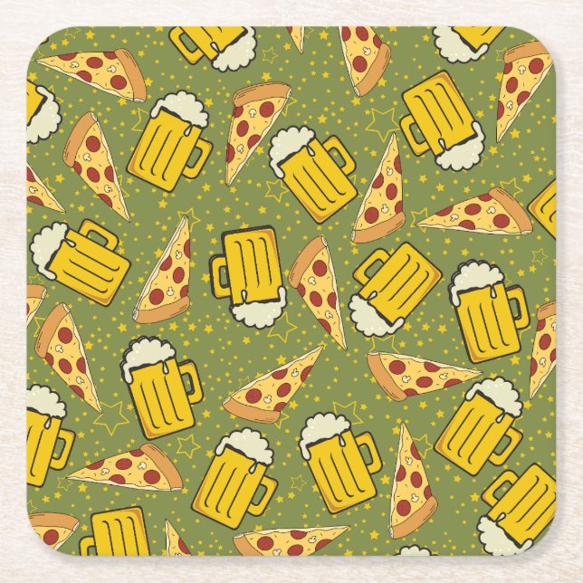 Beer and Pizza Pattern Square Paper Coaster (Front)