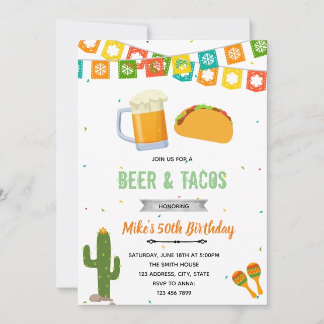 Beer and tacos fiesta invitation (Front)