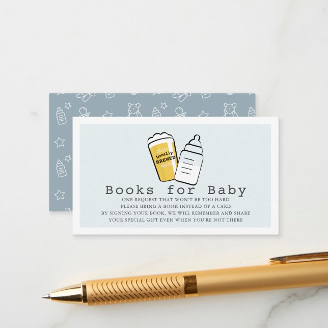 Beer & Baby Bottle Blue Baby Shower Book Request Enclosure Card (Front/Back In Situ)