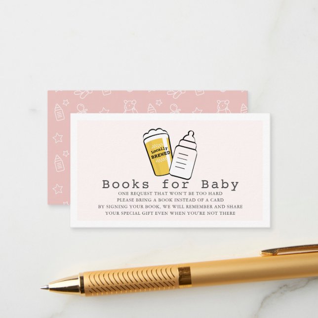 Beer & Baby Bottle Pink Baby Shower Book Request Enclosure Card (Front/Back In Situ)