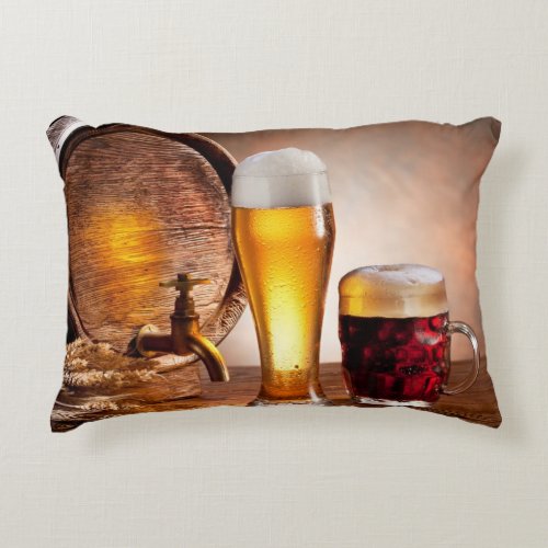 Beer barrel with beer glasses on a wooden table 2 accent pillow