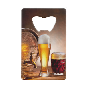 Beer barrel with beer glasses on a wooden table 2 credit card bottle opener