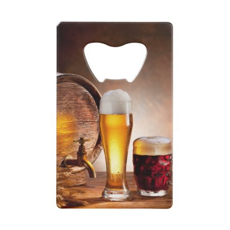Beer Barrel With Beer Glasses On A Wooden Table 2 Credit Card Bottle O
