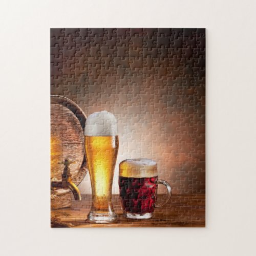 Beer barrel with beer glasses on a wooden table 2 jigsaw puzzle