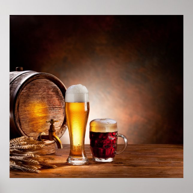 Beer barrel with beer glasses on a wooden table 2 poster (Front)