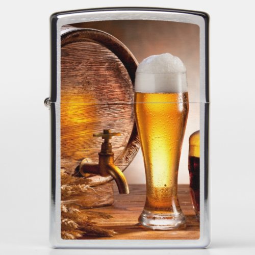 Beer barrel with beer glasses on a wooden table 2 zippo lighter