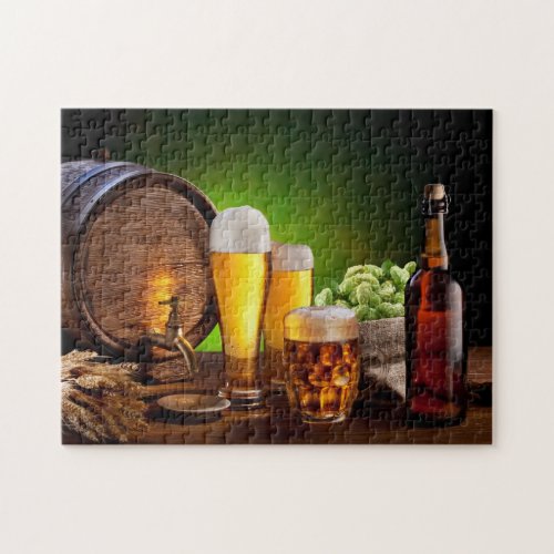 Beer barrel with beer glasses on a wooden table jigsaw puzzle