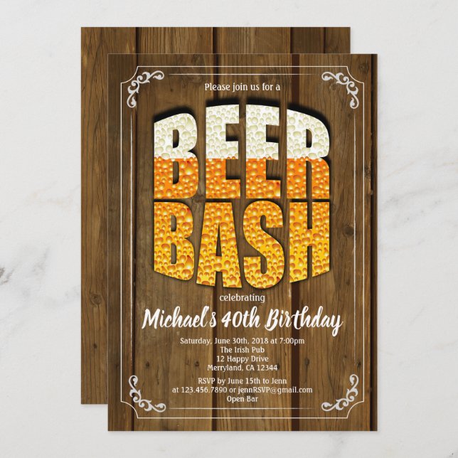 Beer bash birthday invitation rustic wood (Front/Back)