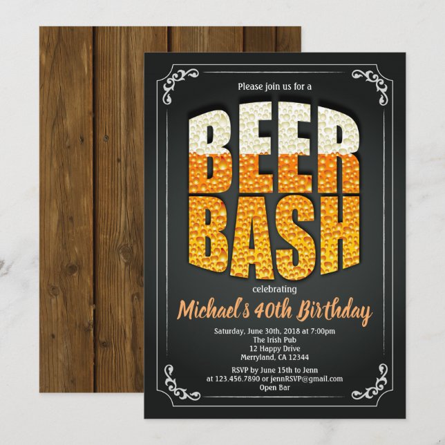 Beer birthday party man retro bar calkboard invitation (Front/Back)